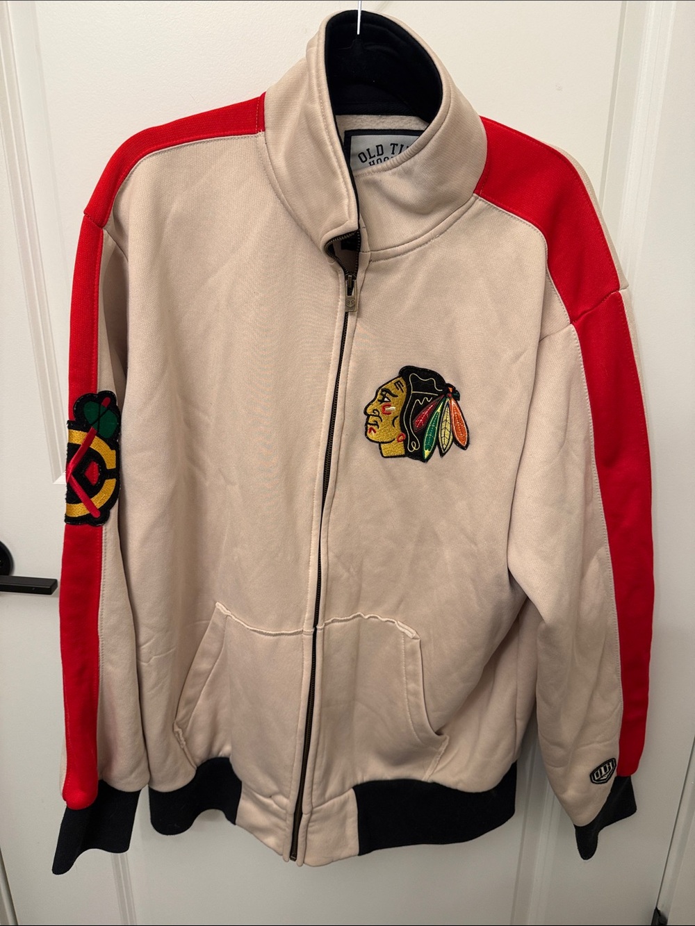 Old Time Hockey Beige Bomber Jacket with Red Sleeves